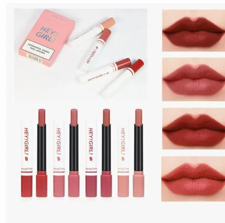 Heng Fang Hey Girl Lipstick Pack of 4 – Original Velvet Matte Lipsticks with Long Lasting Colors Light Brown, Red, Pink, Orange